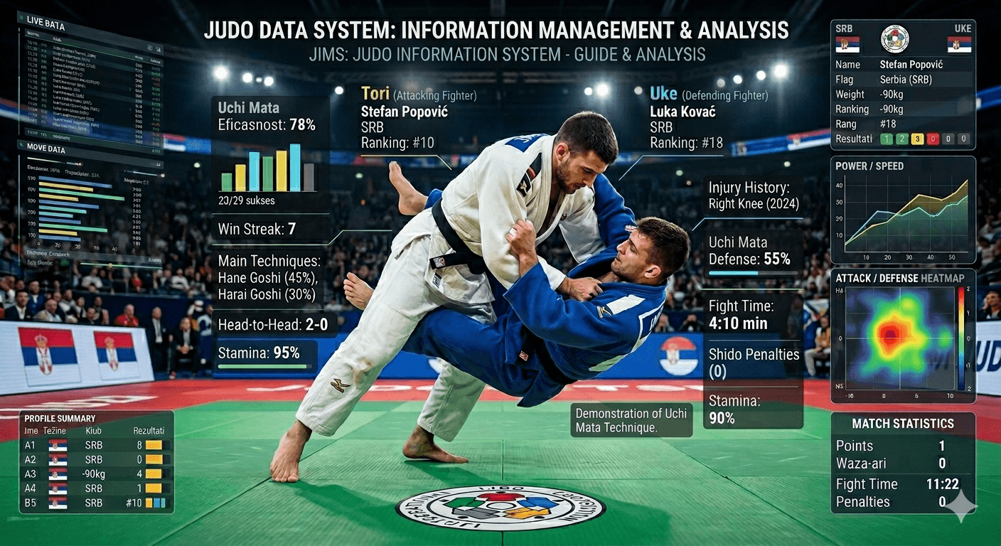 Judo match analytics dashboard with athlete data overlays.